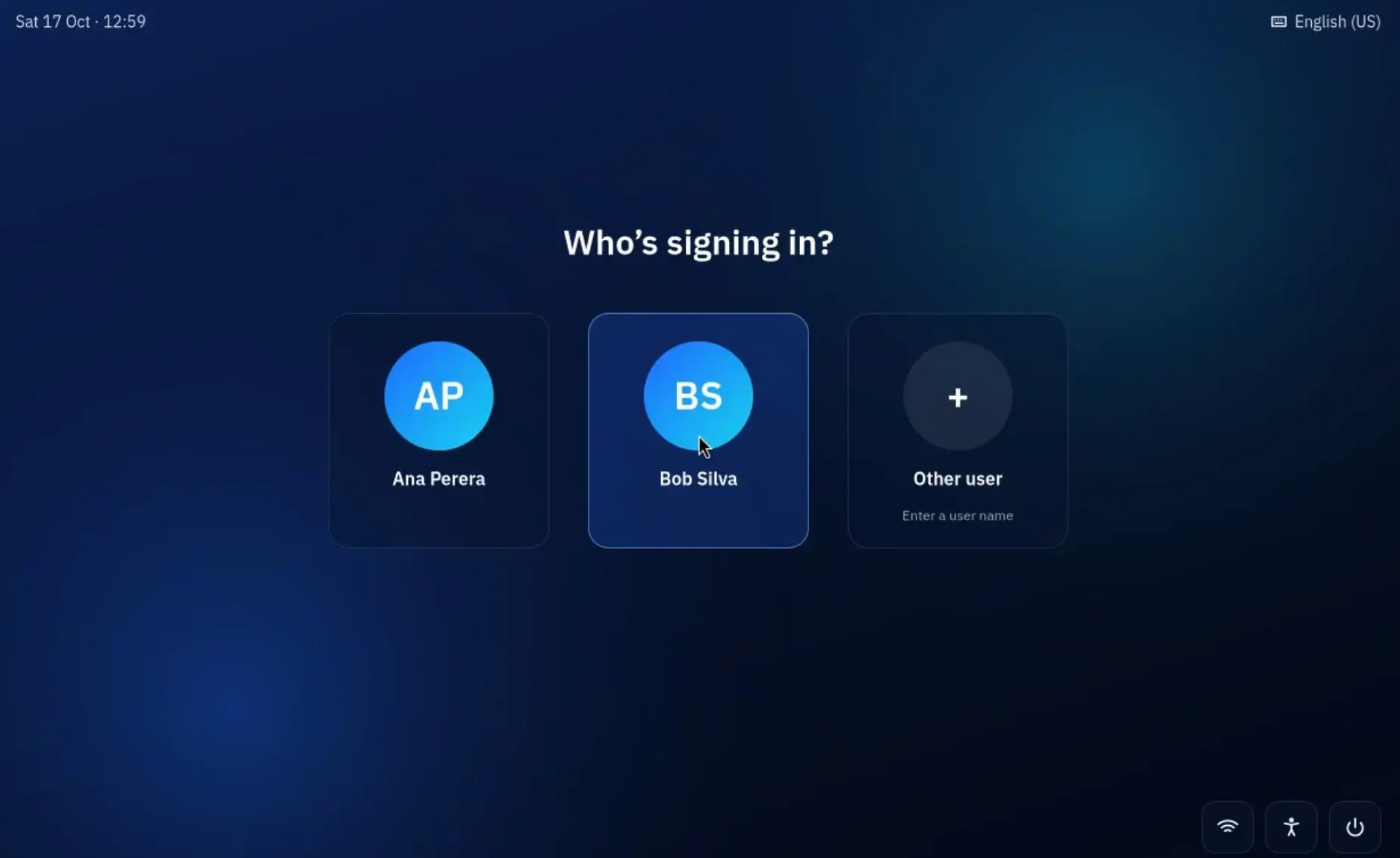 WorkSuite OS sign-in screen asking Who is signing in, with account tiles for two users and an Other user option for a directory sign-in