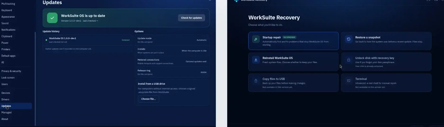 Two WorkSuite OS screens: a Settings Updates panel showing the system is up to date with update history and options including install from a USB drive, and the WorkSuite Recovery screen offering startup repair, restore a snapshot, reinstall, unlock disk with recovery key, copy files to USB and a terminal